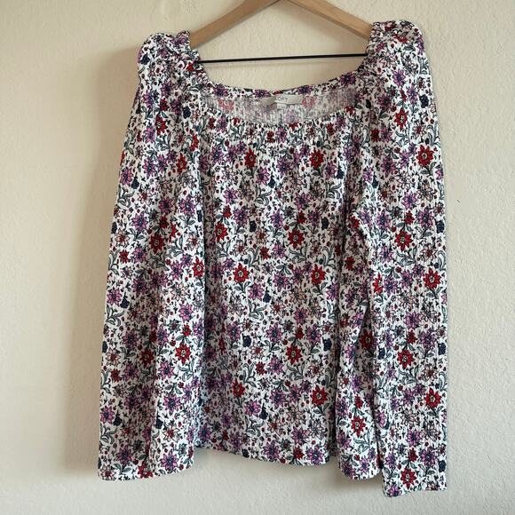 LOFT Bloom Smocked Square Neck Top Long Sleeves - Size XL - Picture 3 of 6